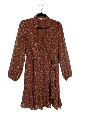 NWT Eva Mendes Brown Floral Wrap Midi Dress Long Sleeve Ruffles Sz Small Women